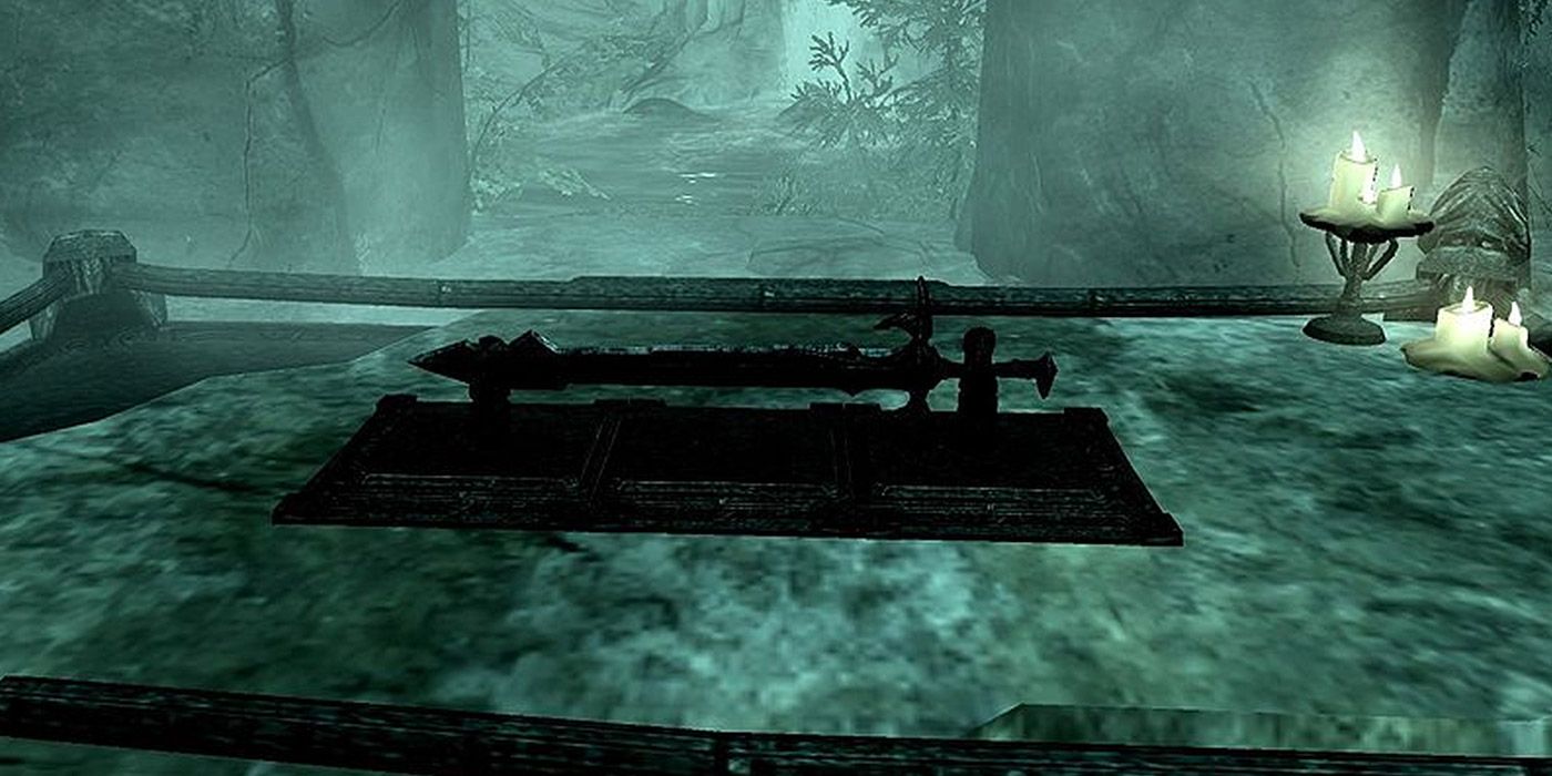 A ancient sword on a pedestal in Skyrim