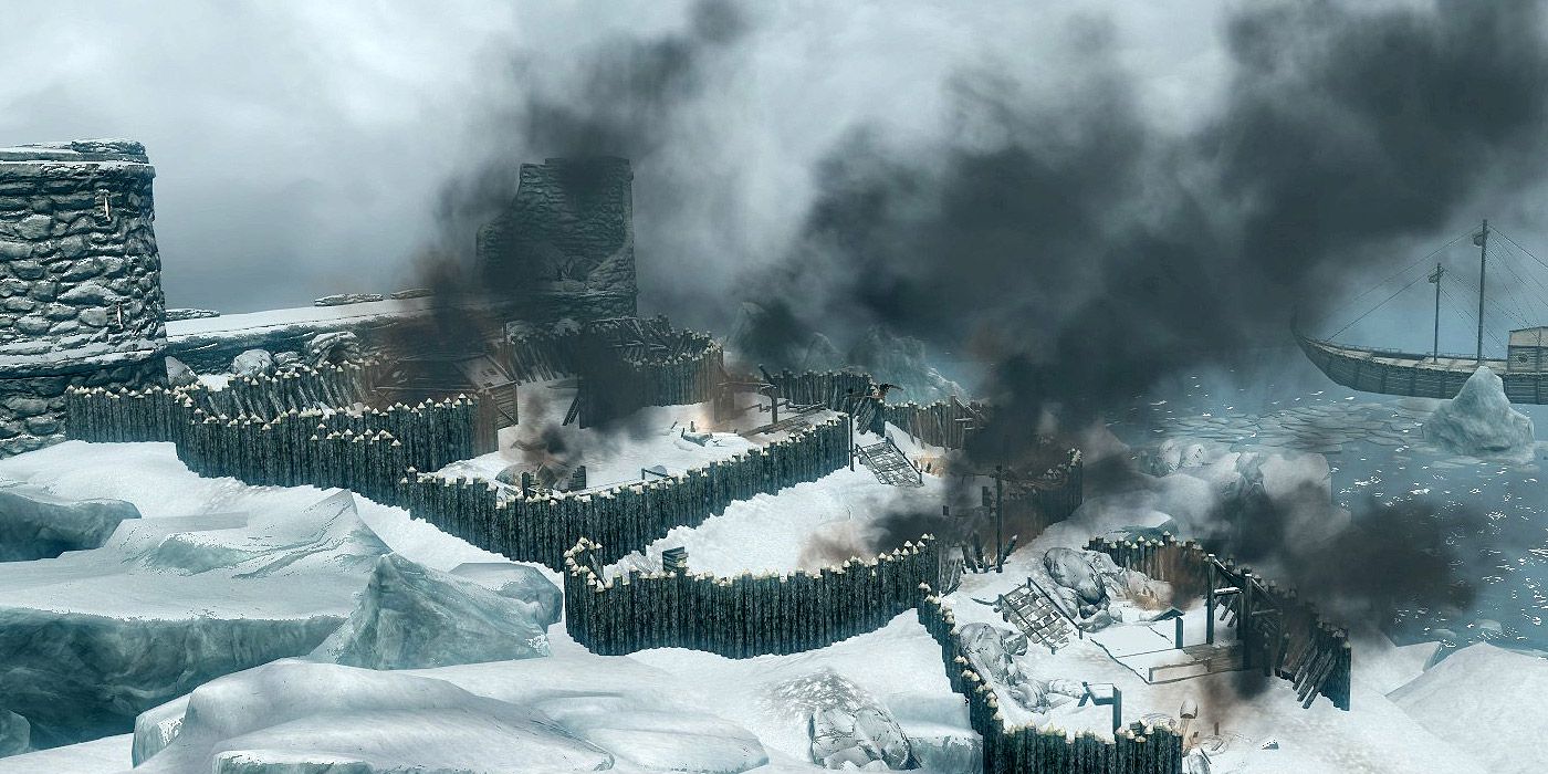 A shot of a ruined fort in Skyrim