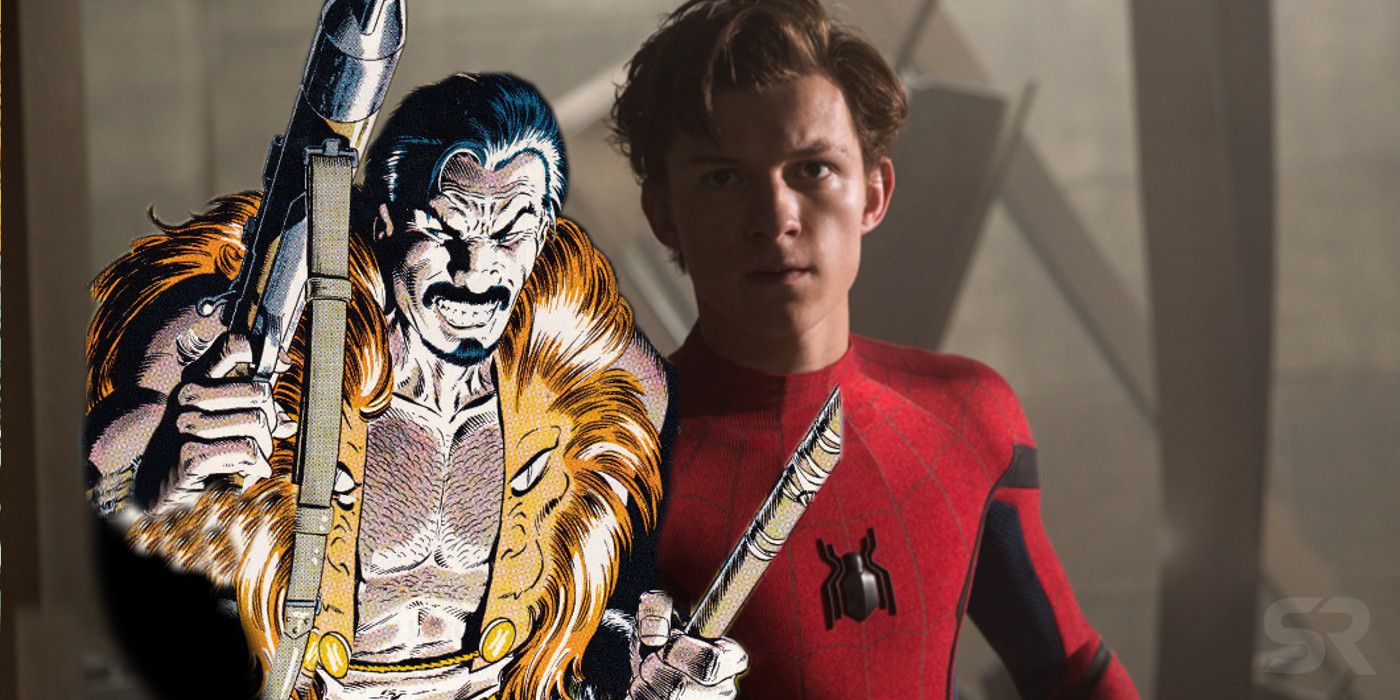 A blended image features Kraven the Hunter in Marvel Comics and Tom Holland as Spider-Man in the MCU