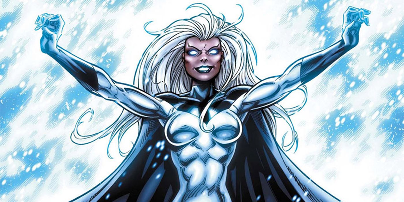 Storm smiling and causing a snowstorm in Marvel Comics