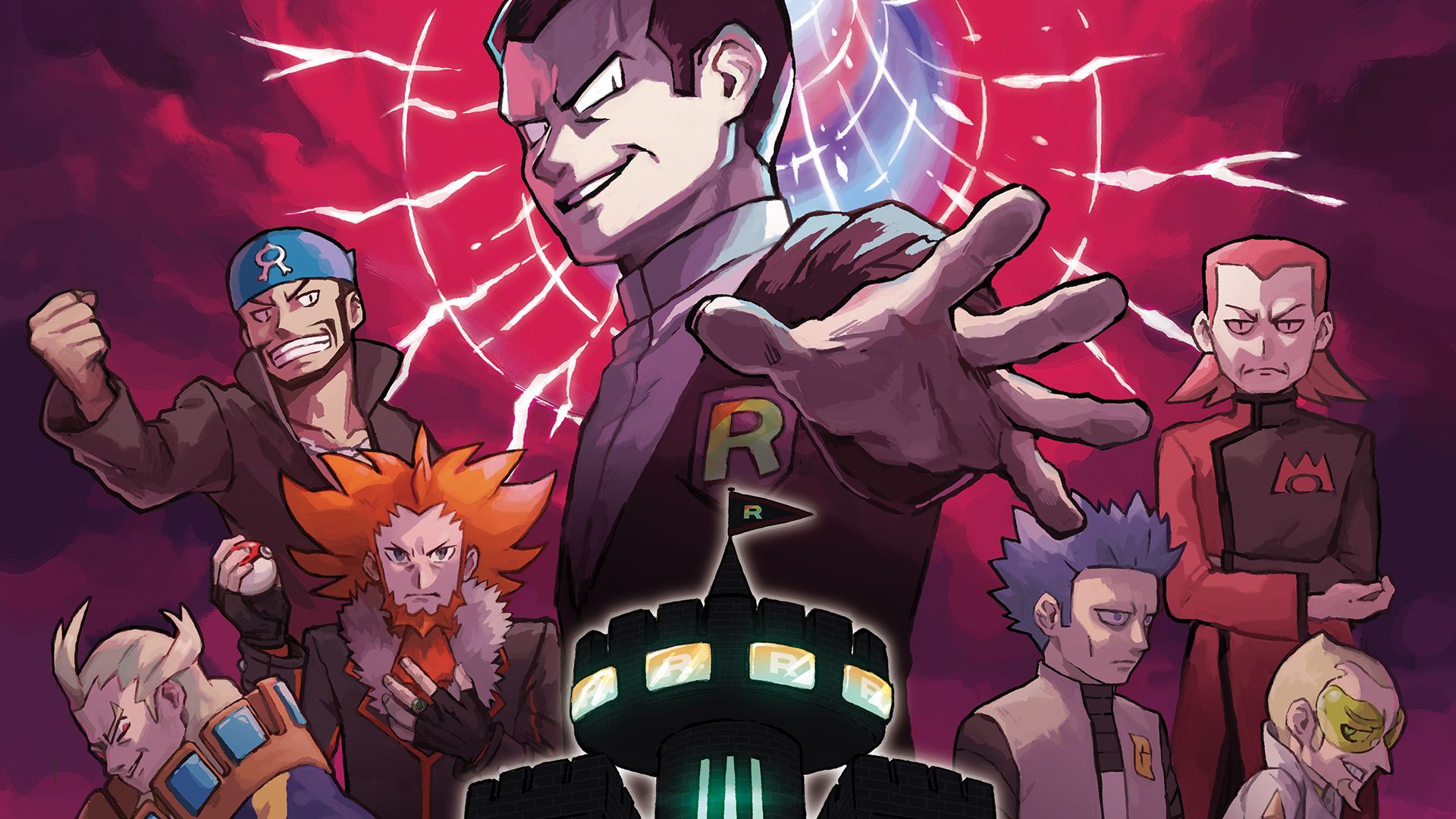 Giovanni com o braço estendido, cercado por outros seis membros do Team Rainbow Rocket de Pokémon Ultra Sun e Ultra Moon.