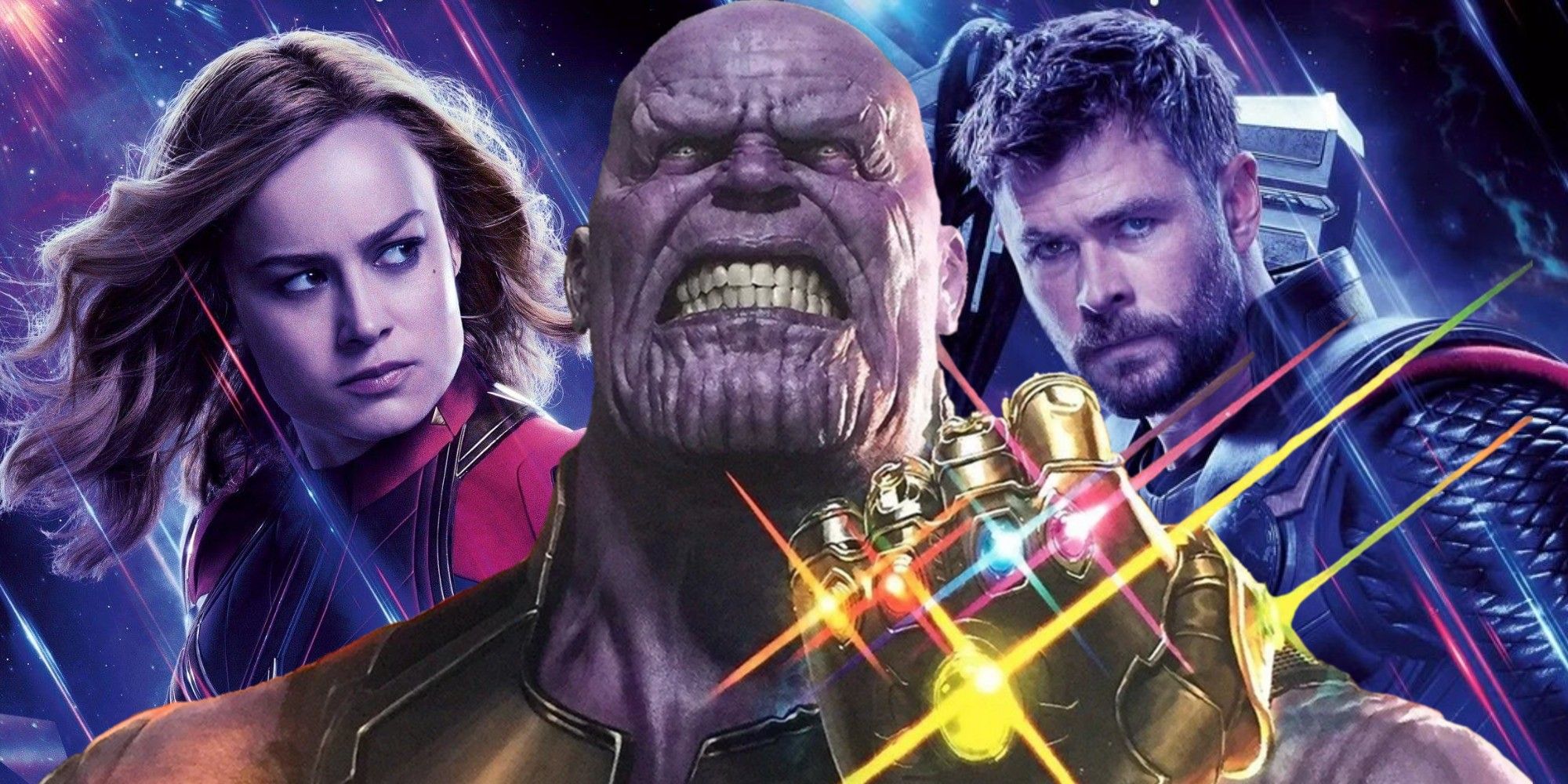 The MCU's Captain Marvel and Thor behind Thanos with the infinity gauntlet