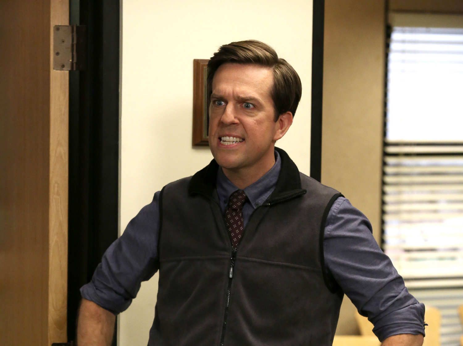 The Office Andy Bernard Ed Helms Season 9. In this he looks very angry