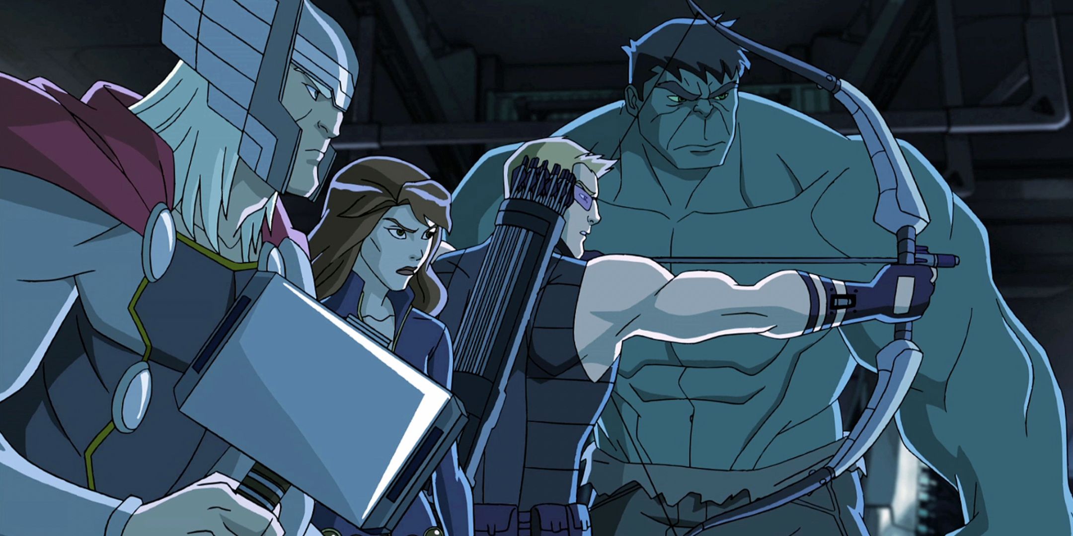 Thor, Black Widow, Hawkeye, and Hulk line up for a fight in the animated Avengers series