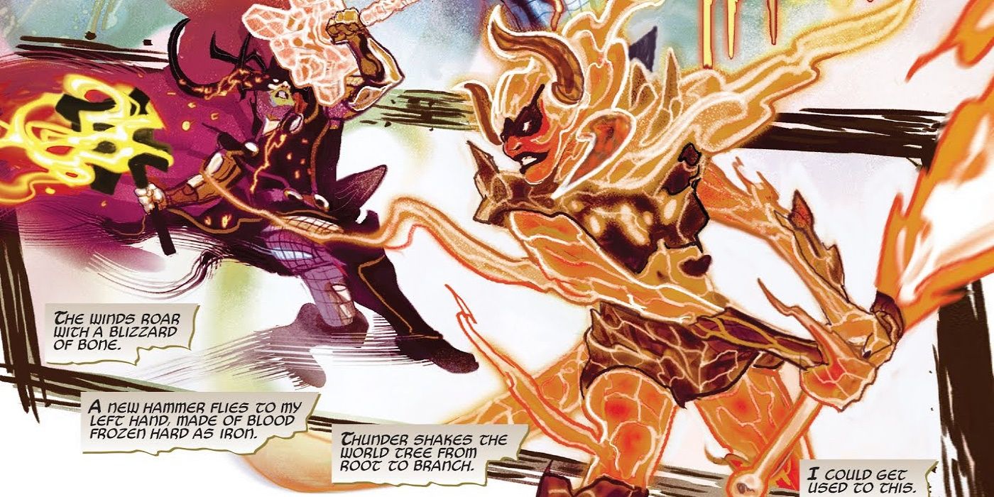 Sindr fights with a flaming sword in Marvel Comics.