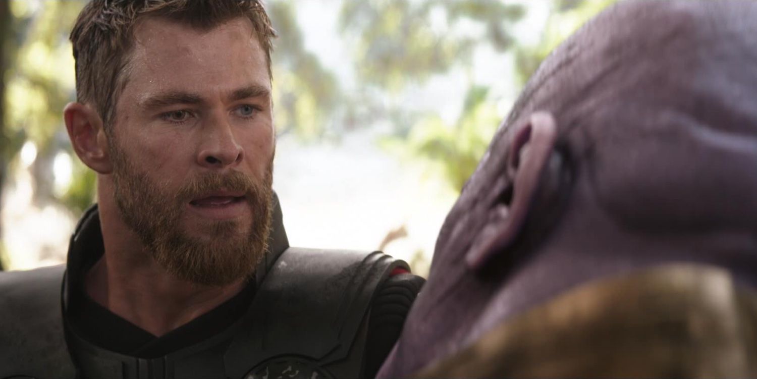 Thor looking at Thanos in Avengers: Infinity War