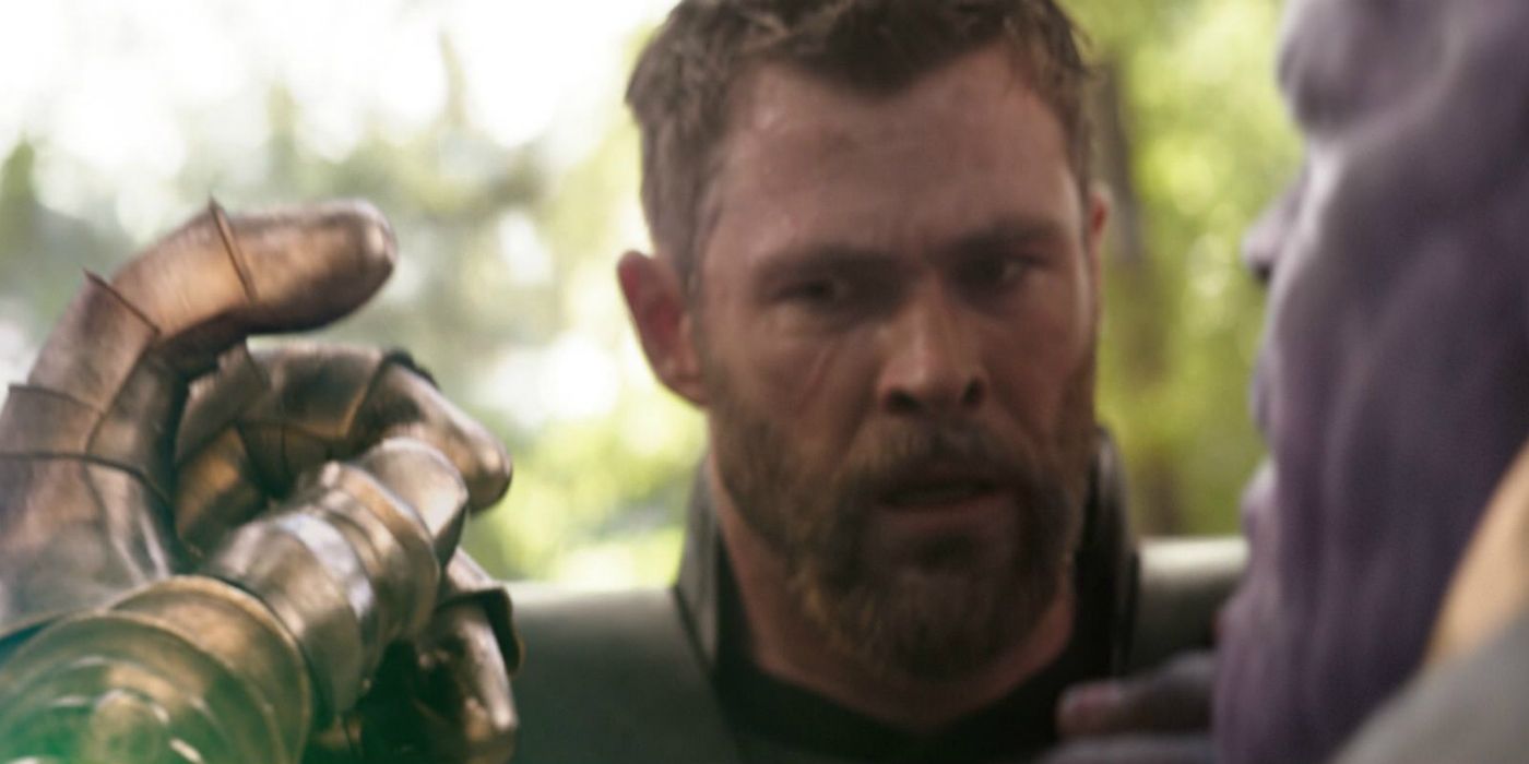 Thanos snaps his fingers in front of Thor in Avengers Infinity War
