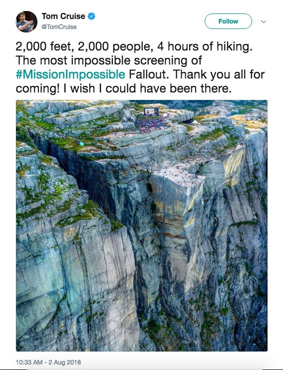 Tom Cruise Mission Impossible Fallout cliff screening