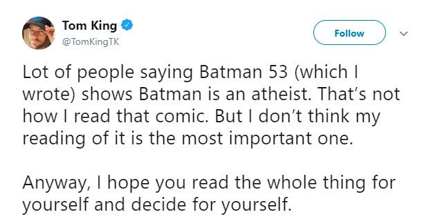 Tom King Tweet Regarding Batman 53 and Batman&rsquo;s Atheism