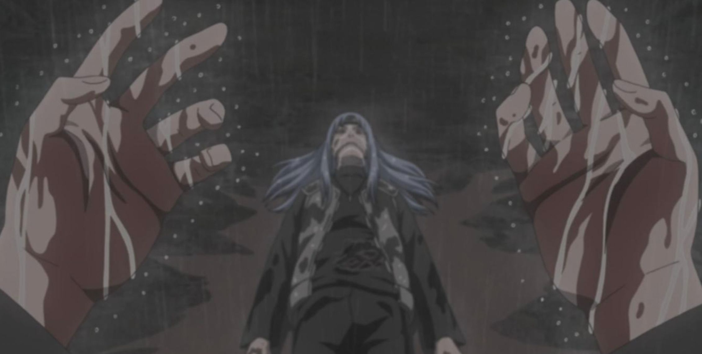 Tsunade's hands are raised in the rain as she finds Dan Kato's body in a Naruto flashback