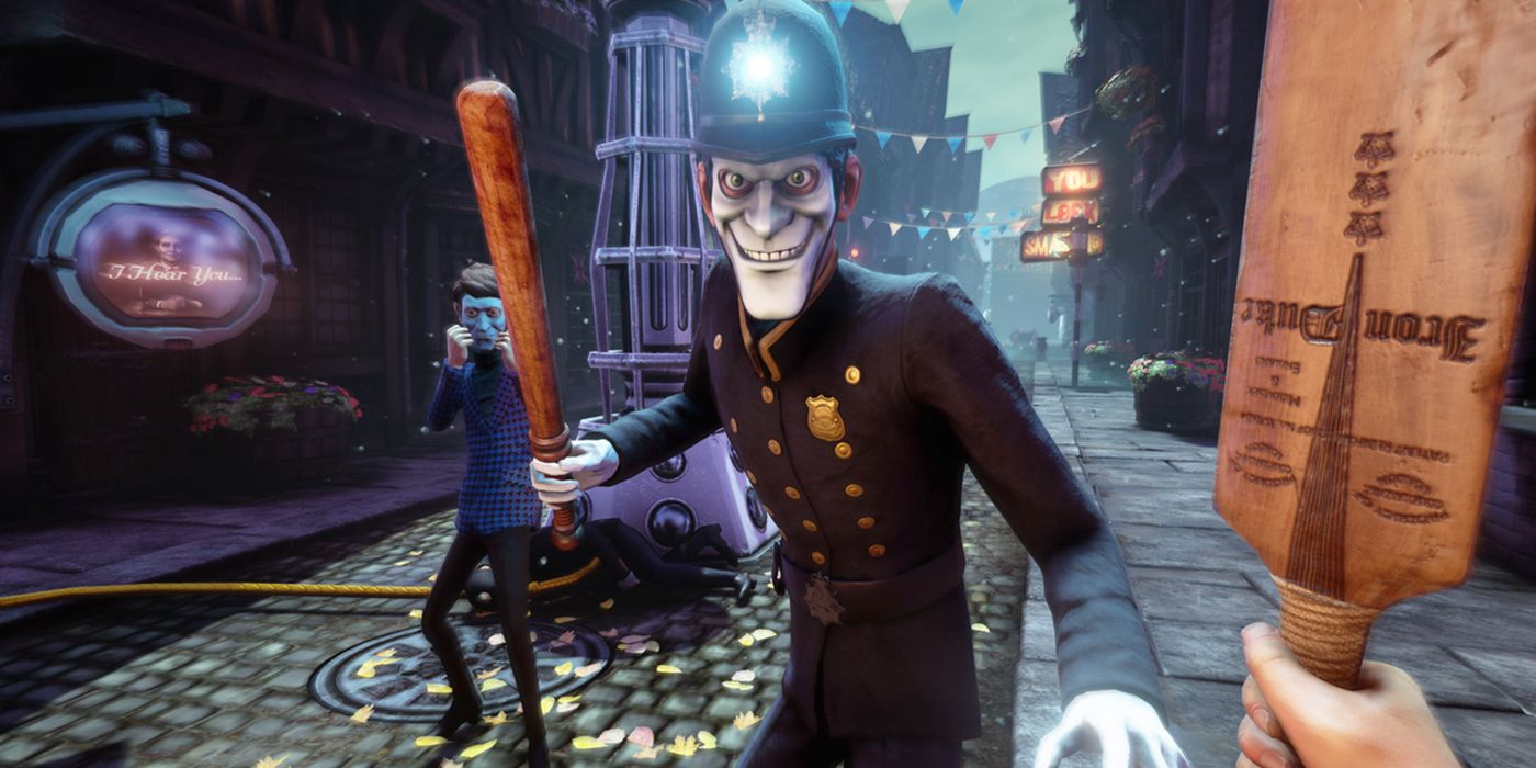 A police man grinning in We Happy Few