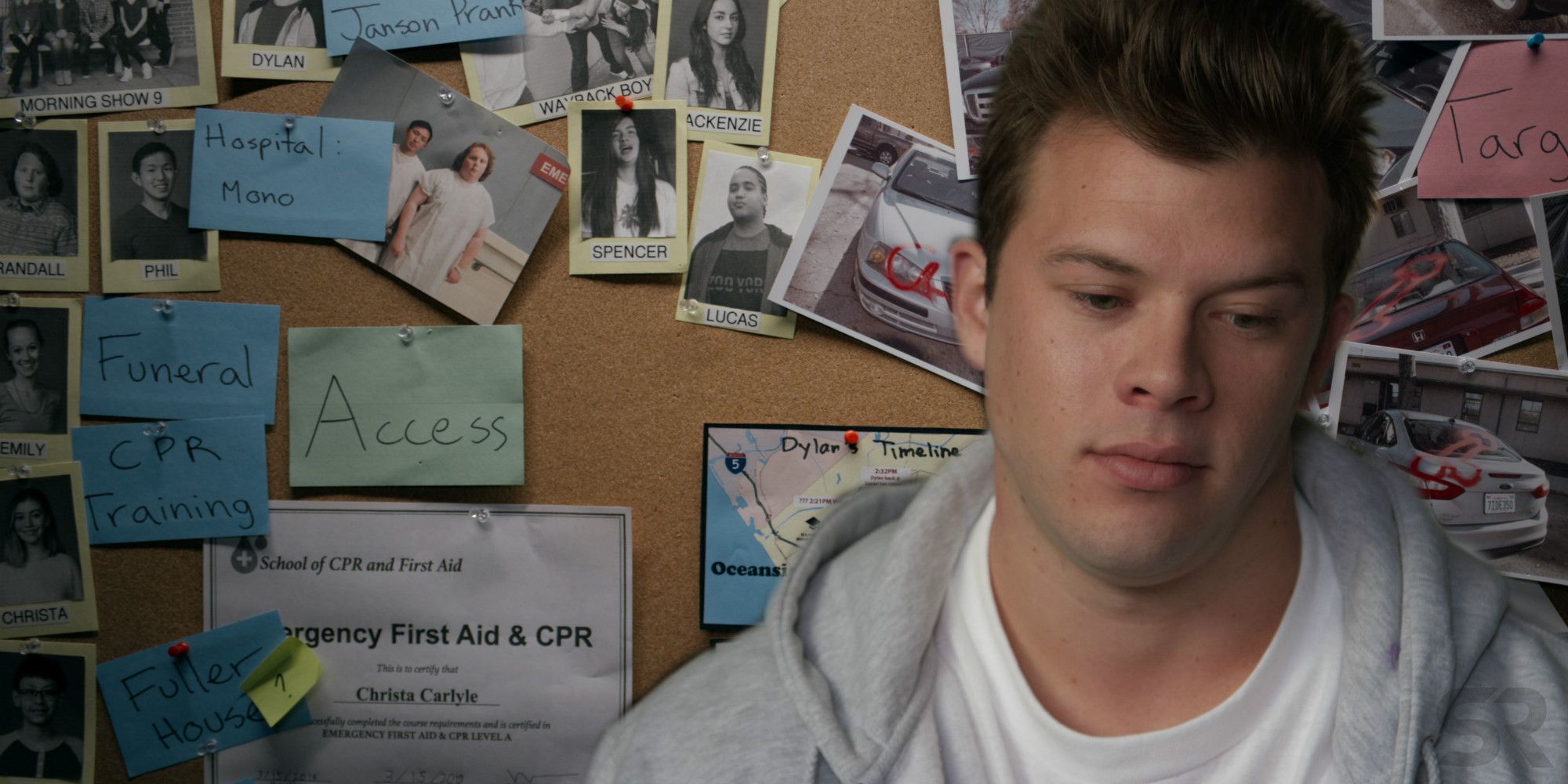 Dylan Maxwell stands in front of a cork board with evidence from American Vandal