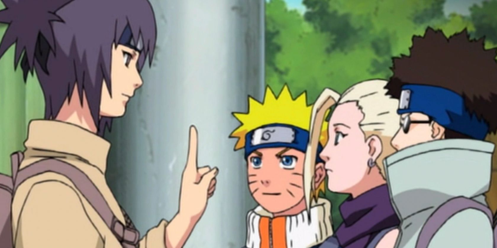 Anko gives instructions to Naruto Ino and Shino on a mission in Naruto