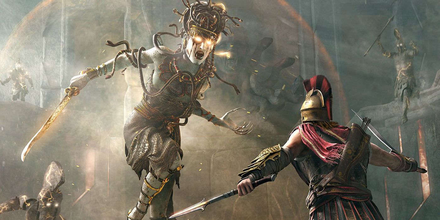 Kassandra battles Medusa in Assassin's Creed Odyssey.