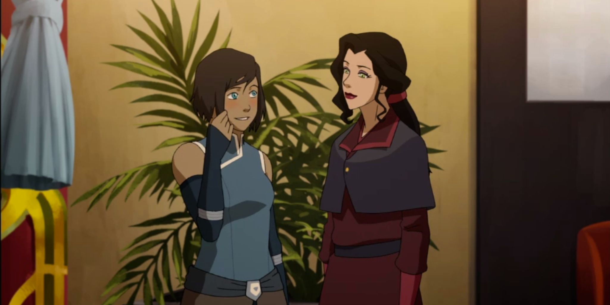 Korra corando enquanto conversava com Asami na frente de uma planta em The Legend of Korra