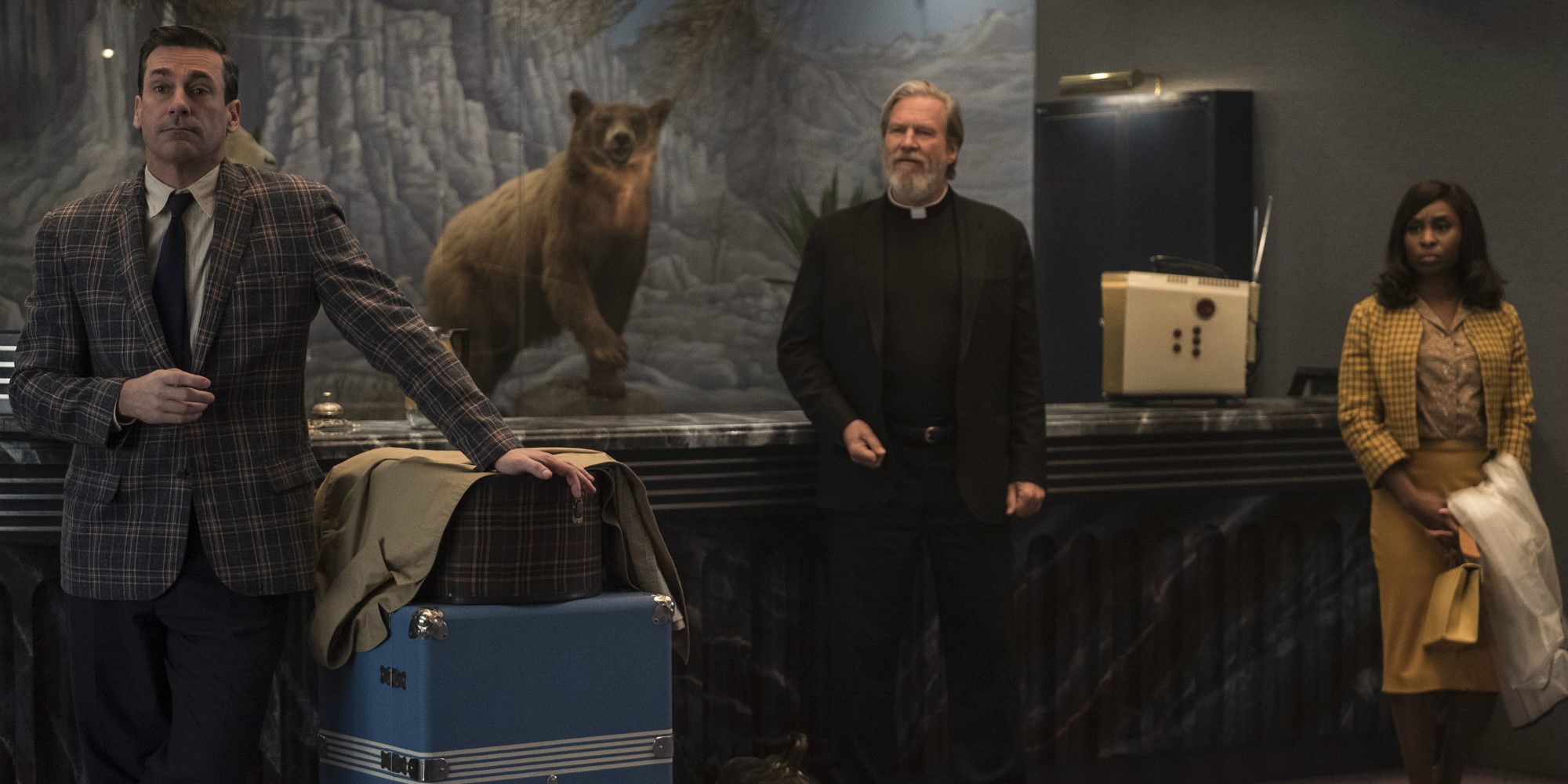 Jon Hamm, Jeff Bridges, and Cynthia Erivo in Bad Times at the El Royale. 