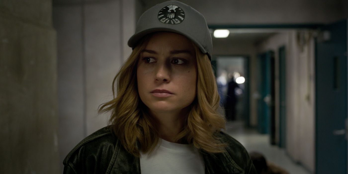 Brie Larson as Carol Danvers in hat in Captain Marvel