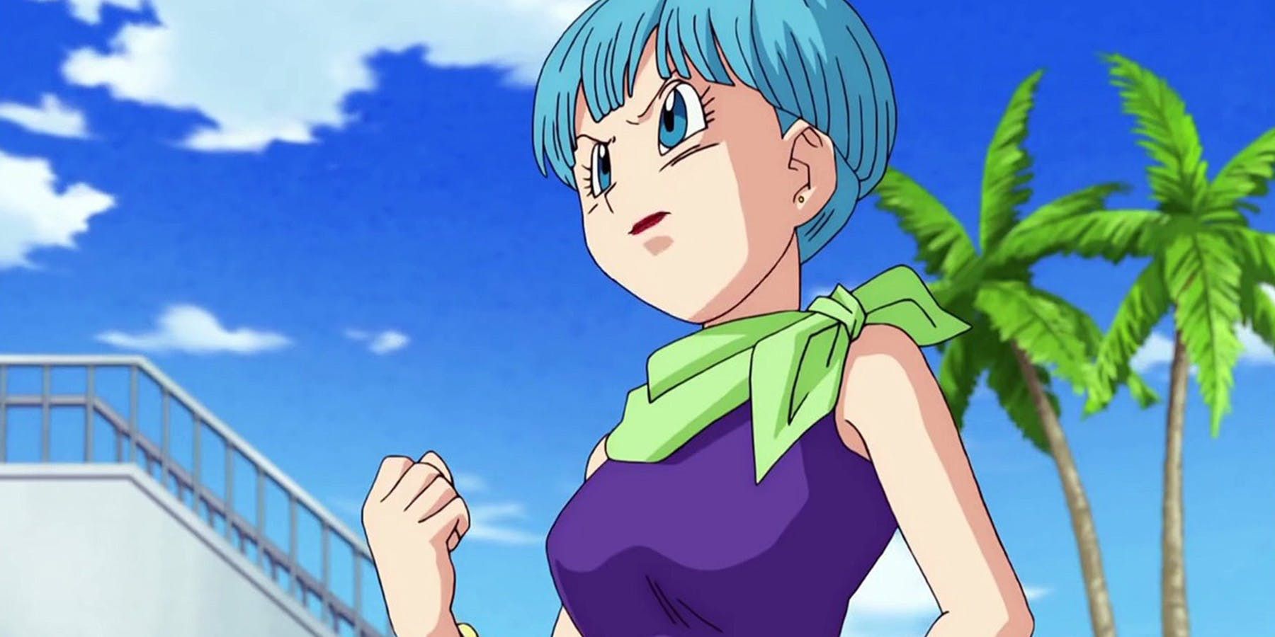Bulma frowning and clenching her fist in Dragon Ball Z.