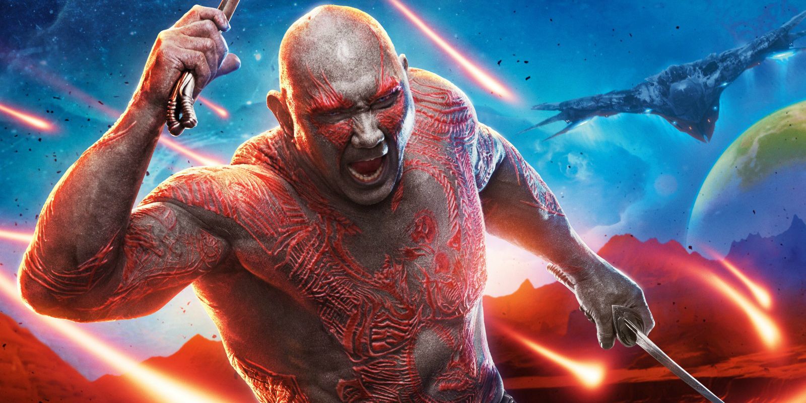 Drax yells with his weapons in a poster for the MCU