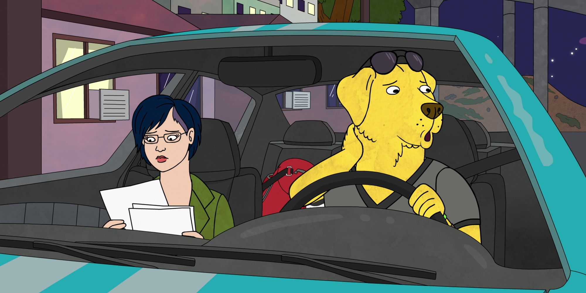 Diane and Mr. Peanutbutter sitting awkwardly in a car in BoJack Horseman Season 5