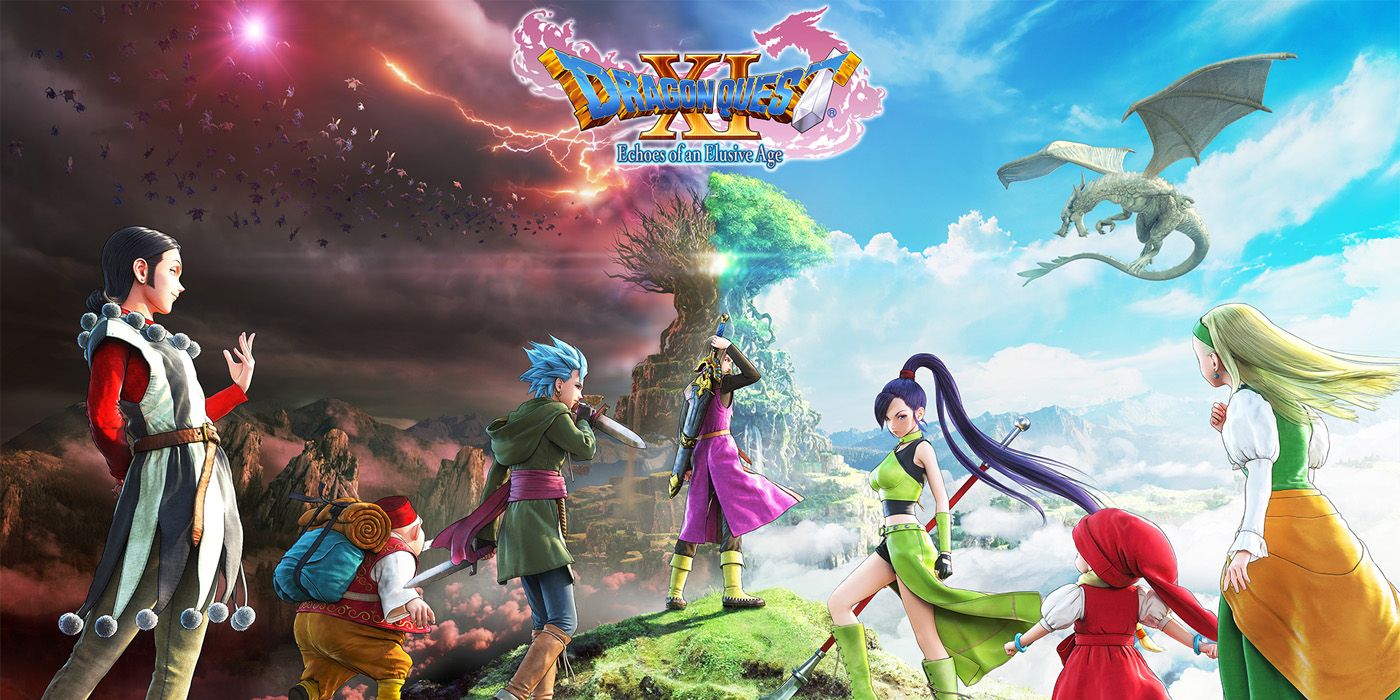 Dragon Quest XI key art featuring the main cast overlooking the World Tree.