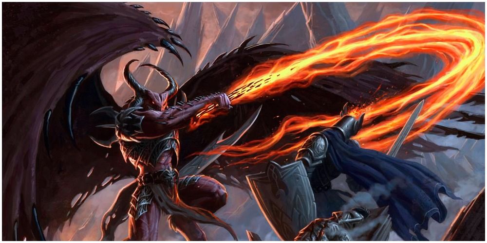 Winged demonic balor whipping a flaming lash in Dungeons & Dragons art.