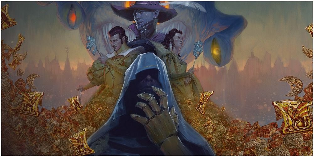 Arte da capa do livro de referência Waterdeep: Dragon Heist de D&D, mostrando uma variedade de personagens na frente de um observador iminente, todos cercados por uma pilha de tesouros de bugigangas de ouro.