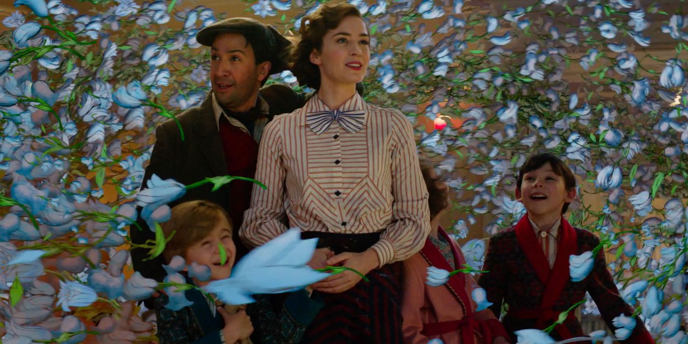 Emily Blunt and Lin-Manuel Miranda with the children and cartoon flowers in Mary Poppins Returns