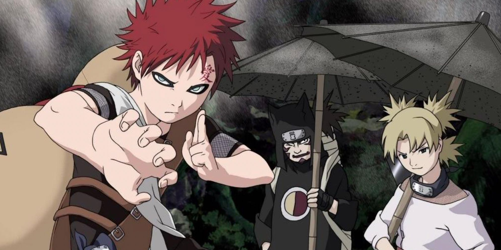 Gaara is ready in a fighting stance while Kankuro and Temari hold umbrellas in a promotional image for Naruto