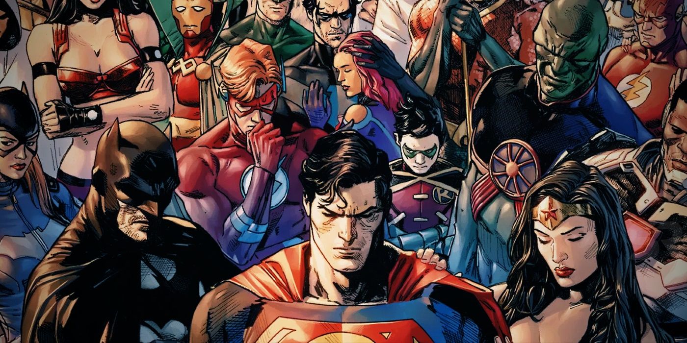 The heroes of DC look on solemnly from Heroes in Crisis 