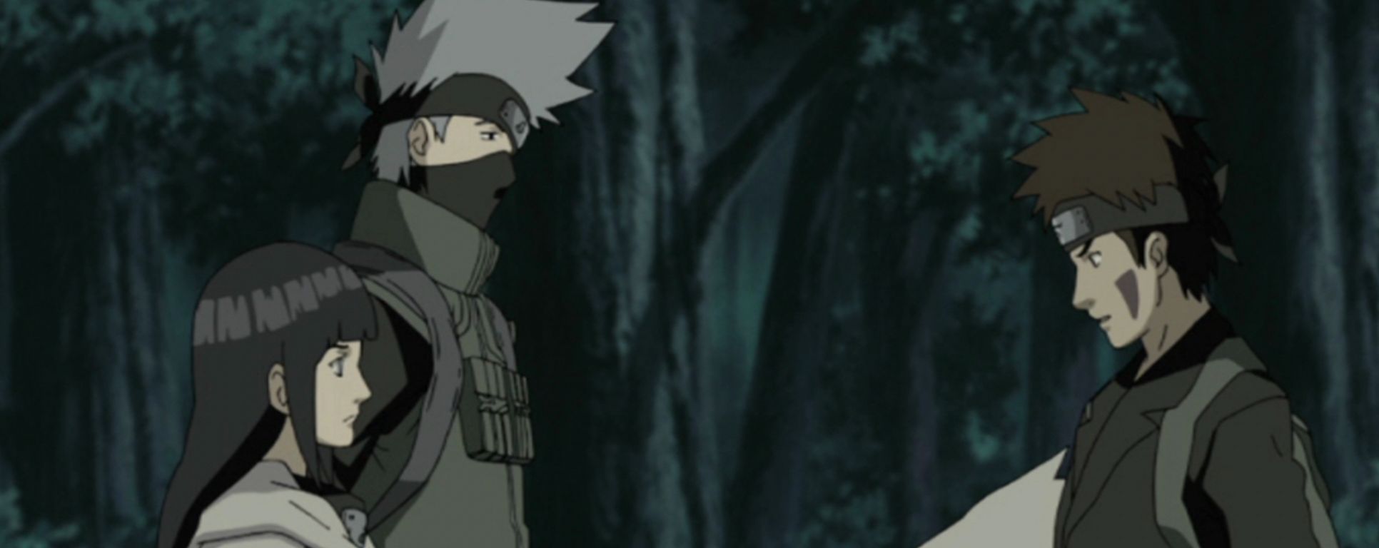 Hinata and Kakashi speak with Kiba in the woods in Naruto Shippuden
