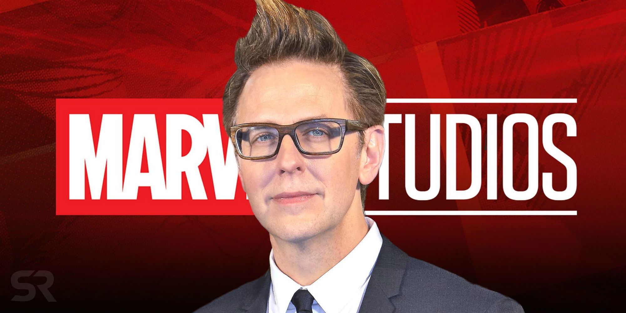 James Gunn in front of the Marvel Studios logo.