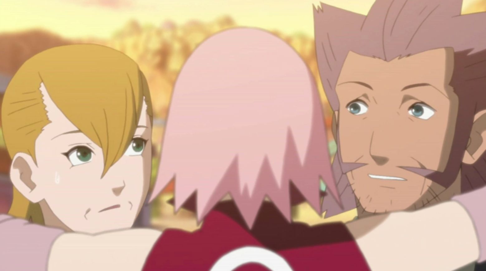 Sakura hugs her parents in Naruto