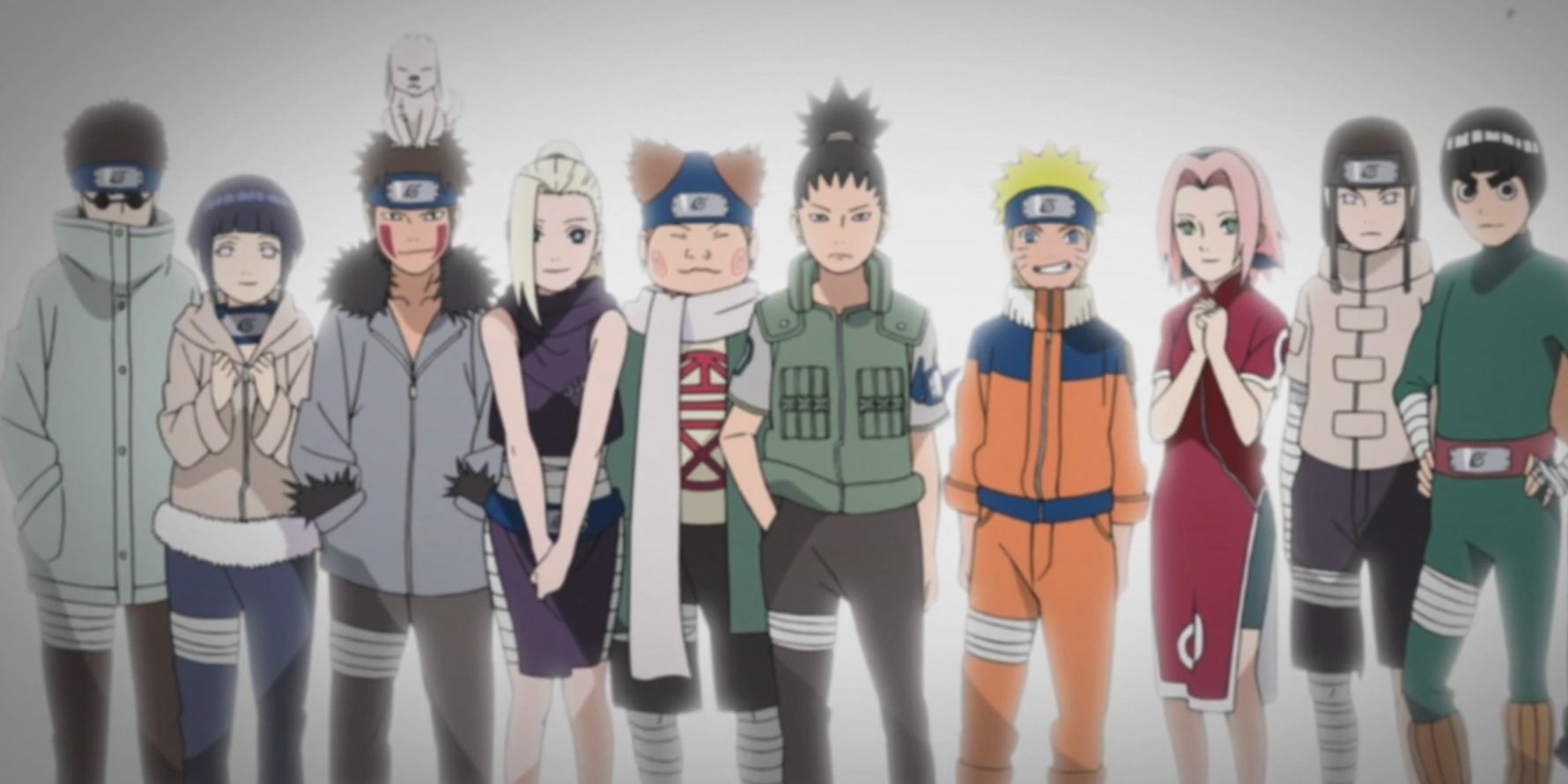 Shino, Hinata, Kiba, Ino, Choji, Shikamaru, Naruto, Sakura, Neji, and Lee stand together in a line for Naruto