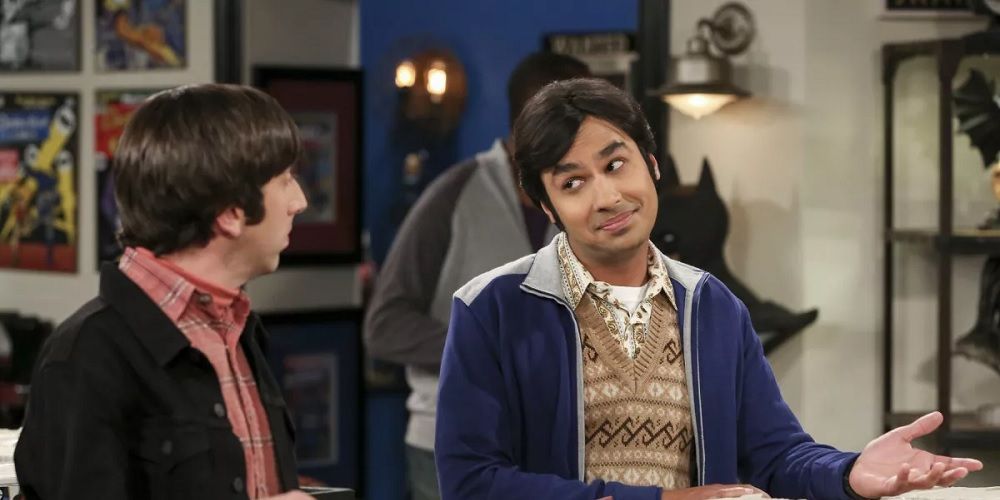 Kunal Nayyar as Rajesh Raj Koothrappali talking to Howard in the comic book store in The Big Bang Theory