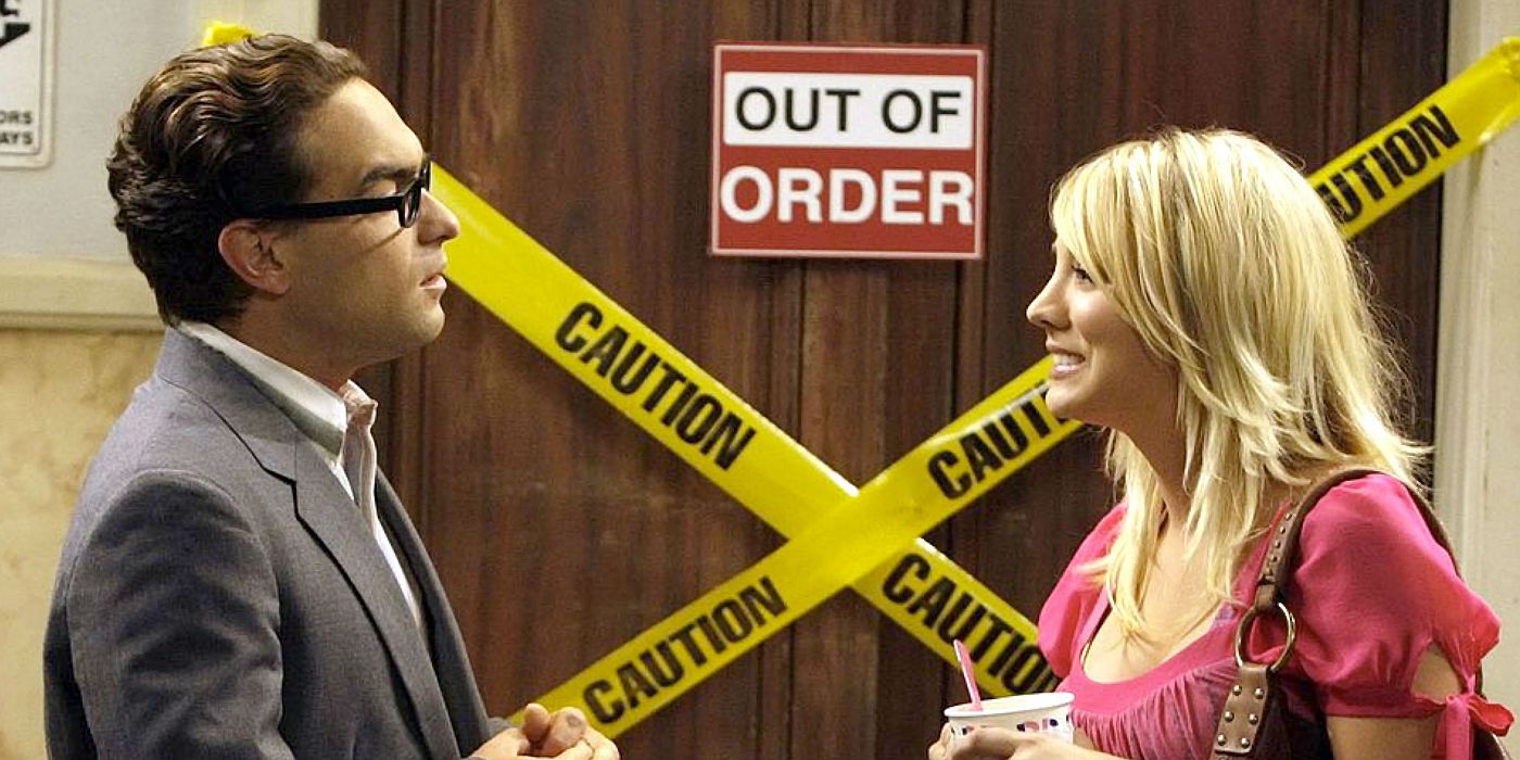 Leonard and Penny talking in front of the Broken Elevator in The Big Bang Theory