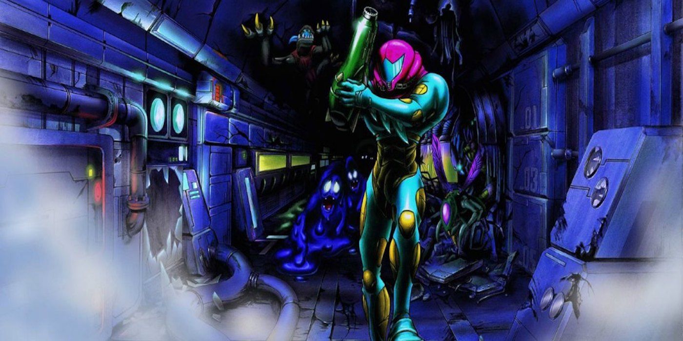 Samus making her way through a dark corridor in Metroid Fusion