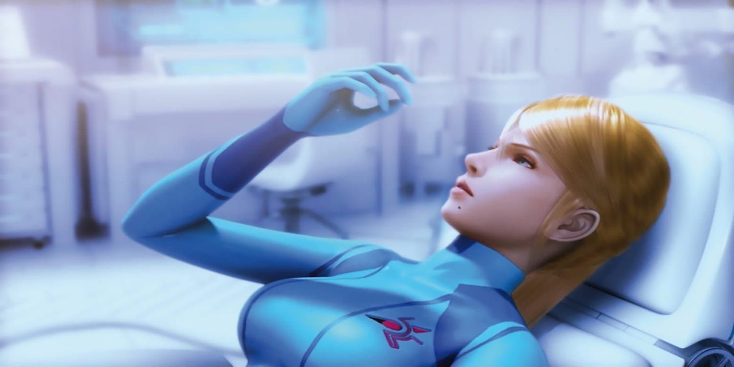 Samus is laying in a bed in Metroid Other M.