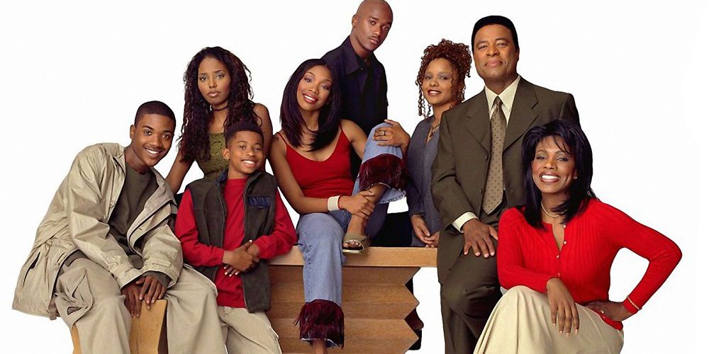 Cast photo for Moesha, featuring the Mitchell family and friends