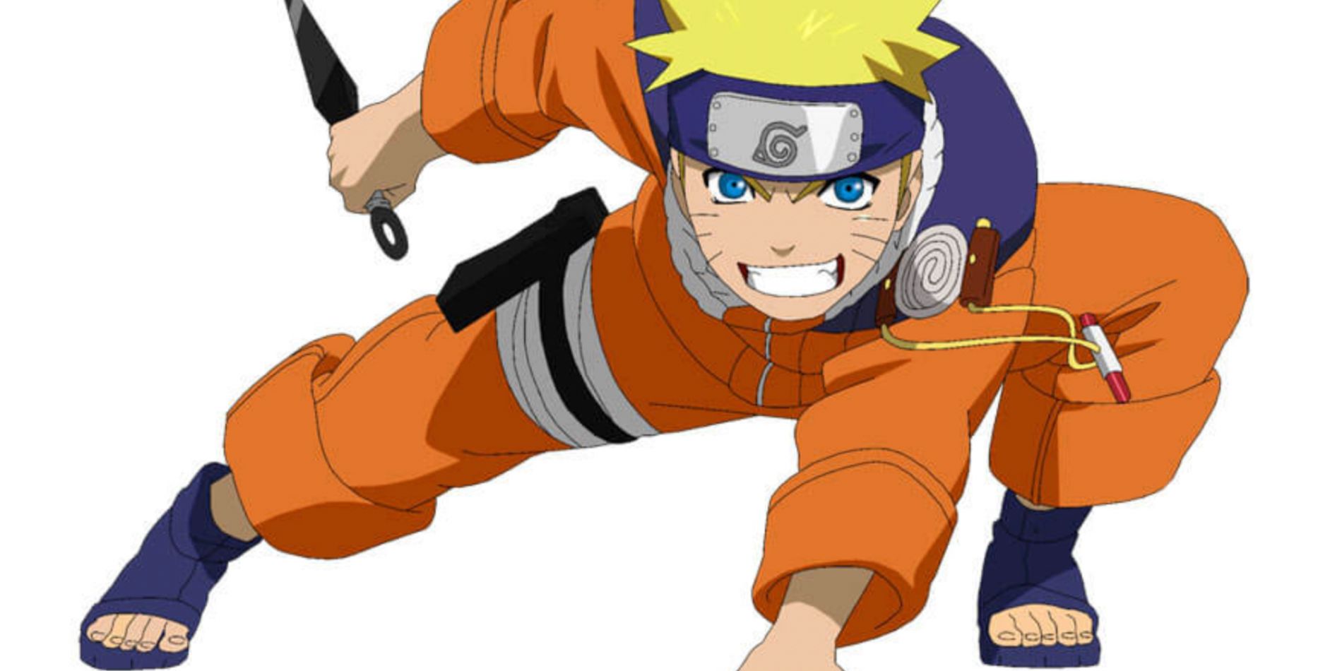 Naruto crouches while holding a kunai