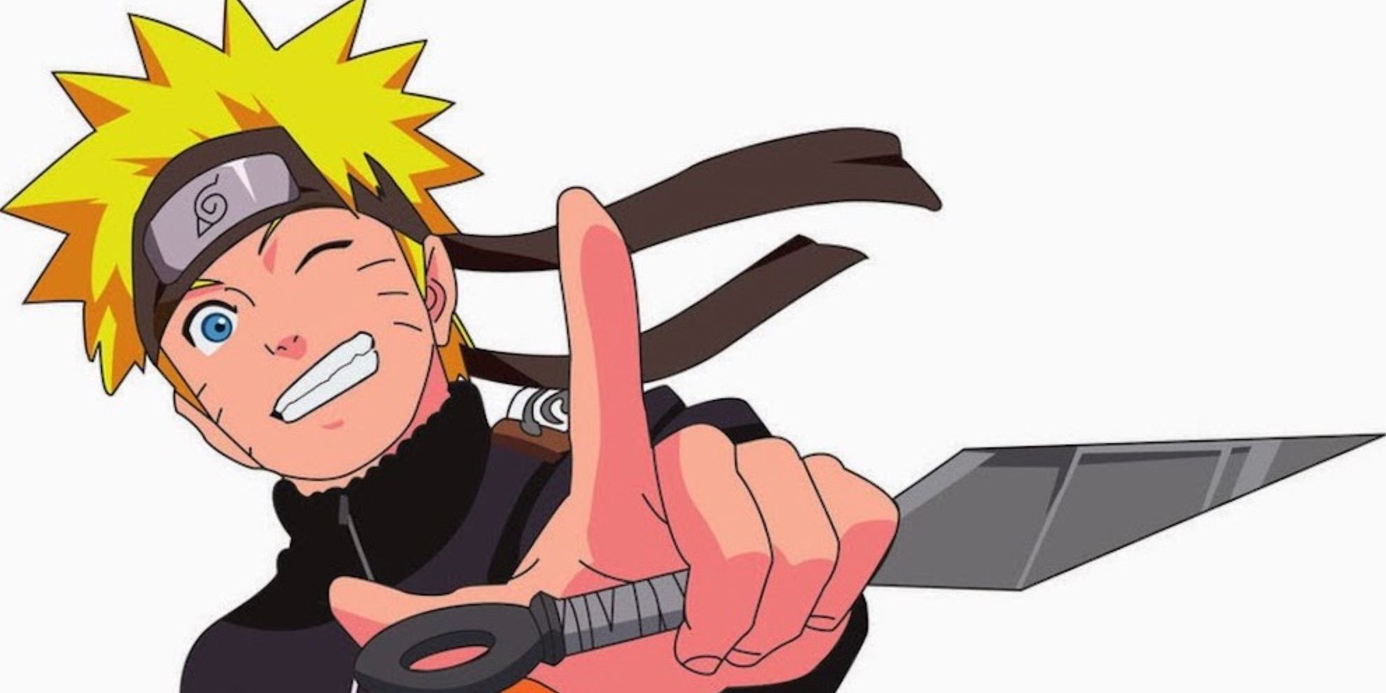 Naruto holds a kunai and smiles