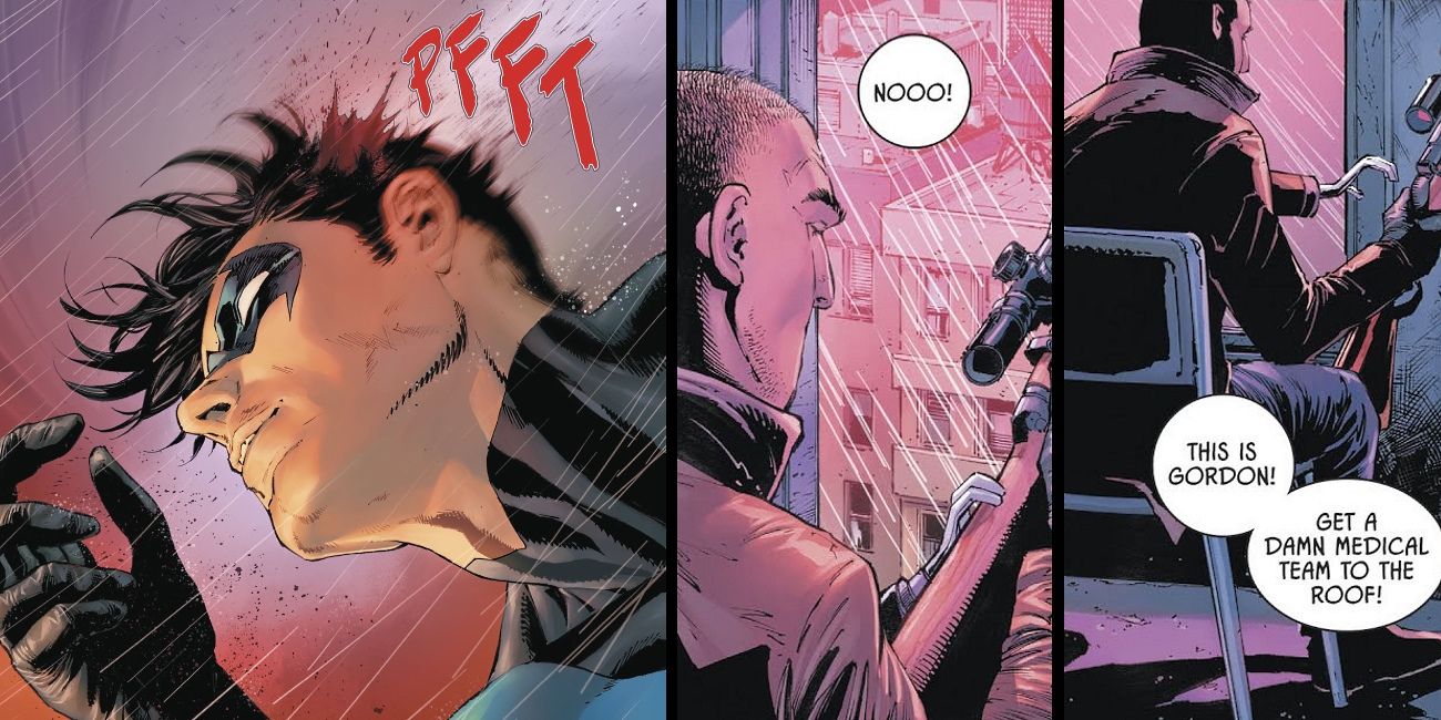 The KGBeast shoots Nightwing on the head