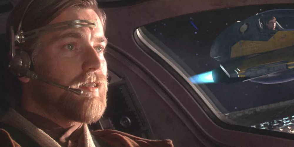 Obi Wan Kenobi flying his starfighter in Star Wars Revenge of the Sith