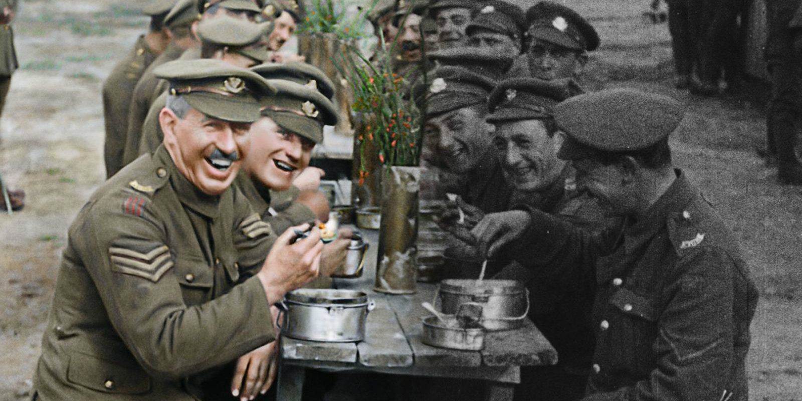 Image of soldiers split between color of black and white in They Shall Not Grow Old