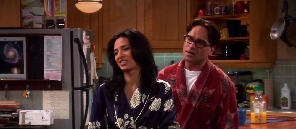 Priya Koothrappali and Leonard Hofstadter in The Big Bang Theory