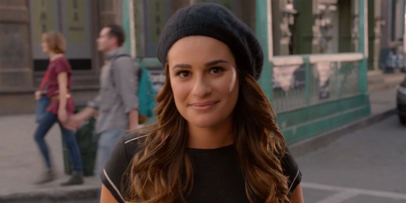 Rachel Berry smiling and looking at the camera in Glee