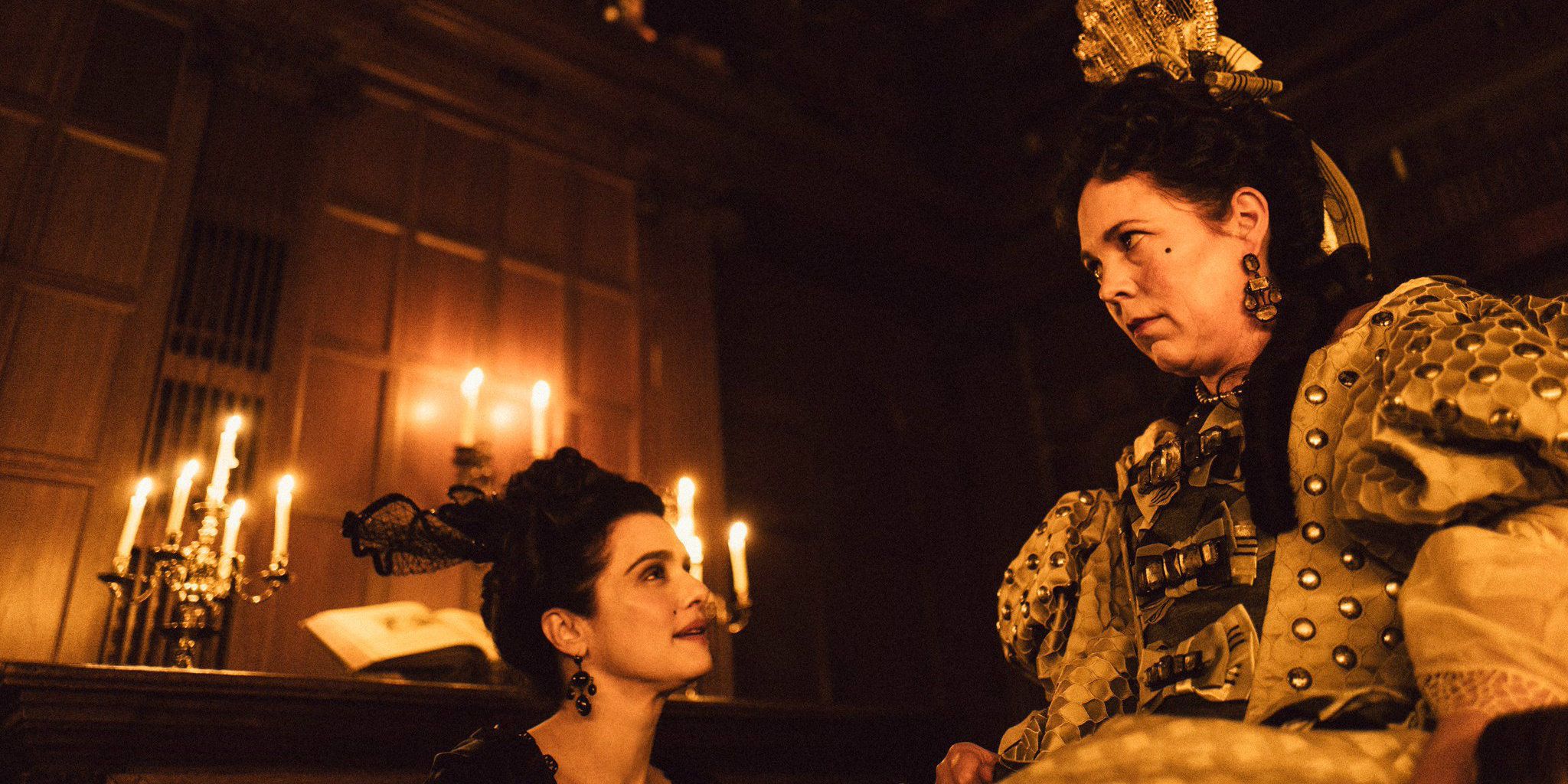 Rachel Weisz looks up at Olivia Colman in The Favourite