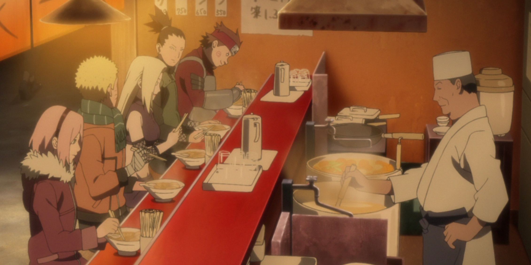 Sakura and Naruto enjoy ramen with the members of Team 10 in Naruto Shippuden
