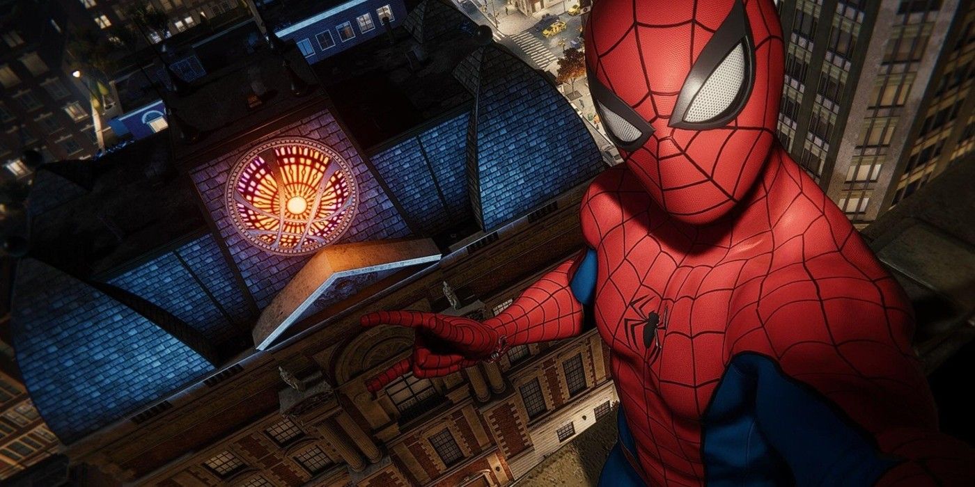 Spider-Man taking a selfie in front of the Sanctum Sanctorum in Marvel's Spiderman-
