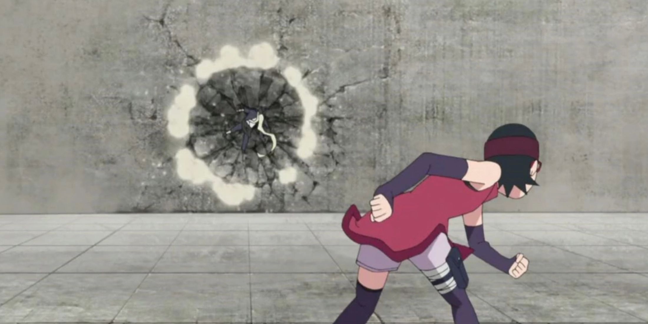 Sarada punches an opponent into a wall in Boruto
